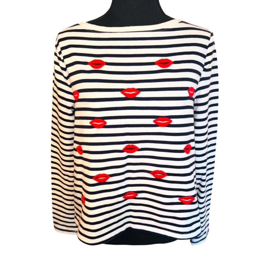 Betsey Johnson Striped Top Embroidered Red Lip Print S Novelty Coastal artsy